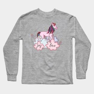 Cute Little Pastel Colored Unicorn With Joy & Love Text Long Sleeve T-Shirt